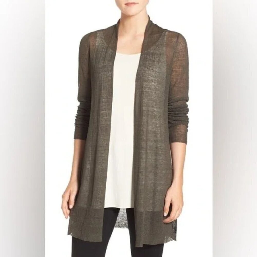 Eileen Fisher Sheer Hemp Simple Cardigan in Sea Green, Size S